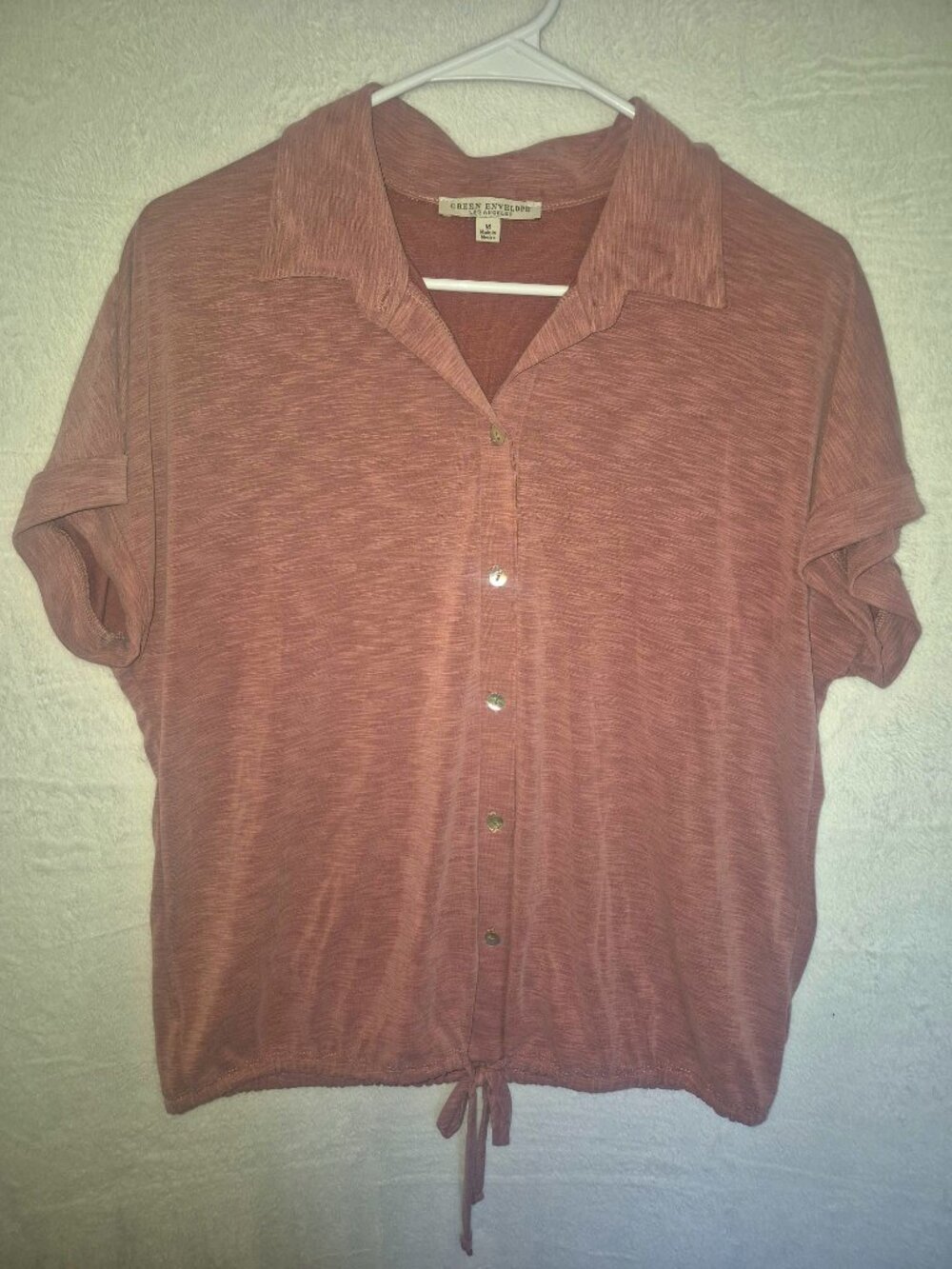 GREEN ENVELOPE Soft Modal Mauve Pink Button Front Tie Hem Top Shirt Medium M